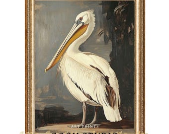 ホワイトペリカンの肖像画 ヴィンテージ ウォールアート 印刷可能なデジタルダウンロード