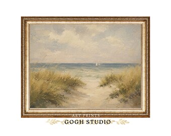 Summer Coastal Landscape Art Print, Antique Seascape Beach House Decor, Digital Art Download