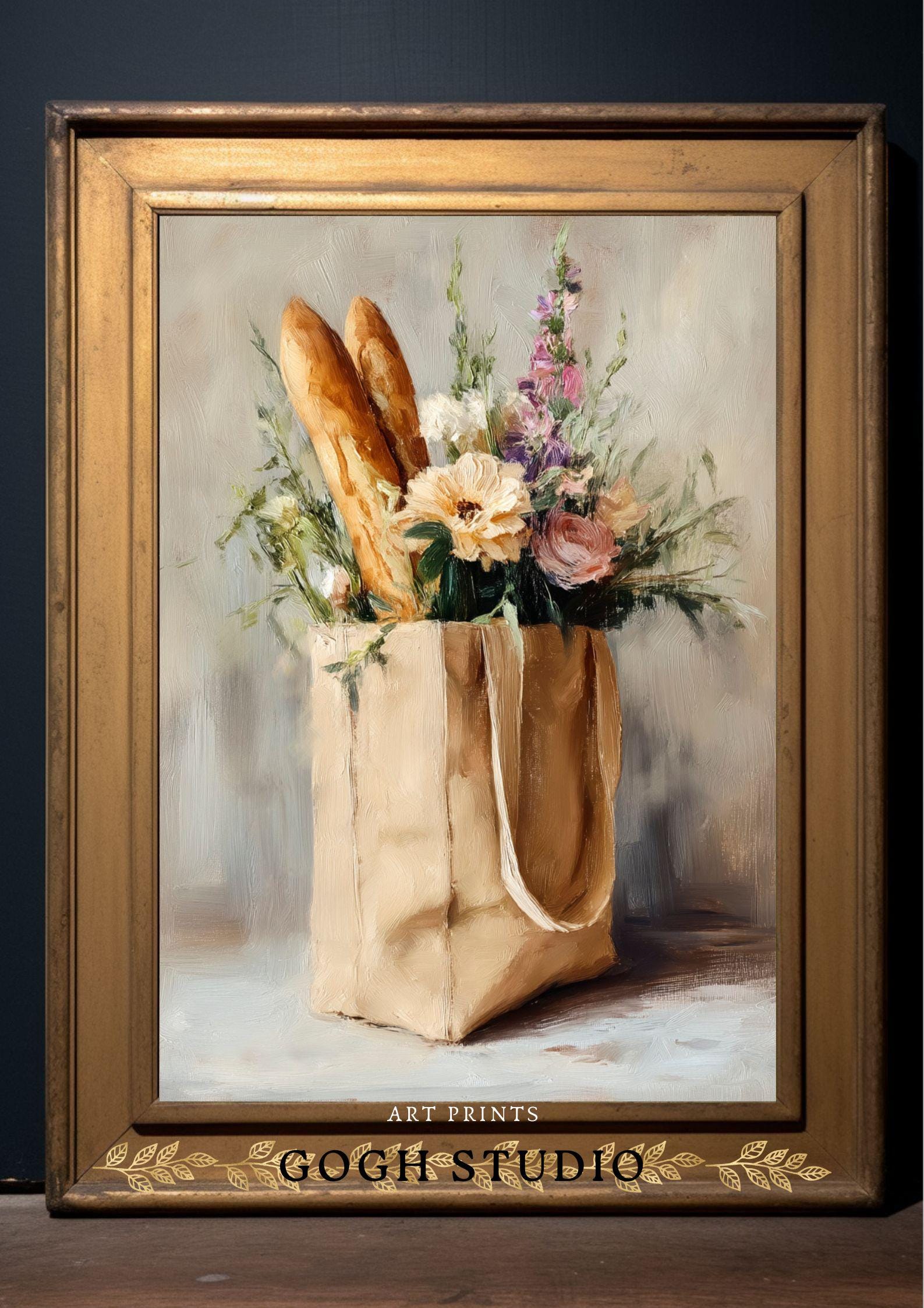 フランスのマーケットバッグ静物画：ヴィンテージ花柄油絵（デジタル