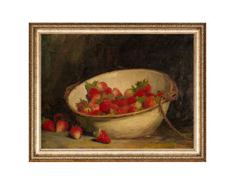Dipinto vintage di natura morta con fragole, decorazione da parete per cucina (download digitale)