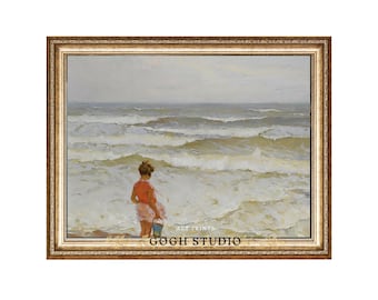 Stampa a olio vintage raffigurante una ragazza sulla spiaggia con le onde dell'oceano, paesaggio costiero da parete per l'arredamento di una casa sulla spiaggia (download digitale)