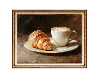 May include: A framed painting depicts a croissant and a cup of coffee on a white plate. The coffee has a foamy top. The croissant is golden brown. The painting has a gold frame.