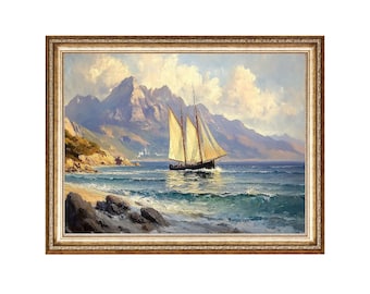 Vintage Sailboat Oil Painting, Nautical Seascape Art (Digital Print)