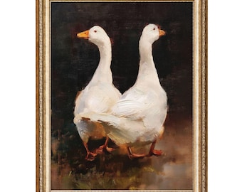 Vintage White Geese Oil Painting, Cottagecore Country Scene (Digital Prints)