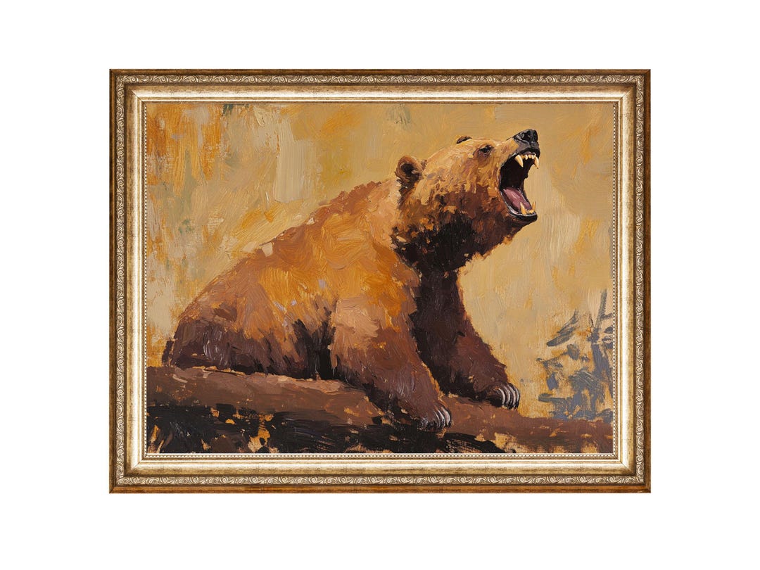 Brown Bear Roaring Wildlife Art Print, Grizzly Bear Oil Painting ...