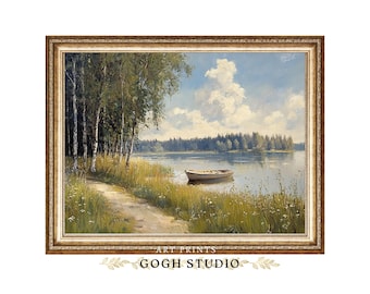 Vintage Lake and Boat Oil Painting, Birch Forest Landscape (Digital Prints)