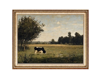 Pintura a óleo vintage de paisagem com vacas, arte de parede para casa de campo (impressão digital)