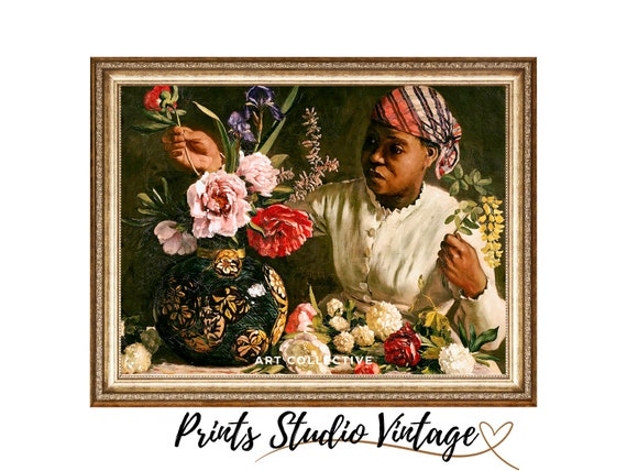 ヴィンテージの「牡丹を持つ黒人女性」の絵画、印象派のアートプリント