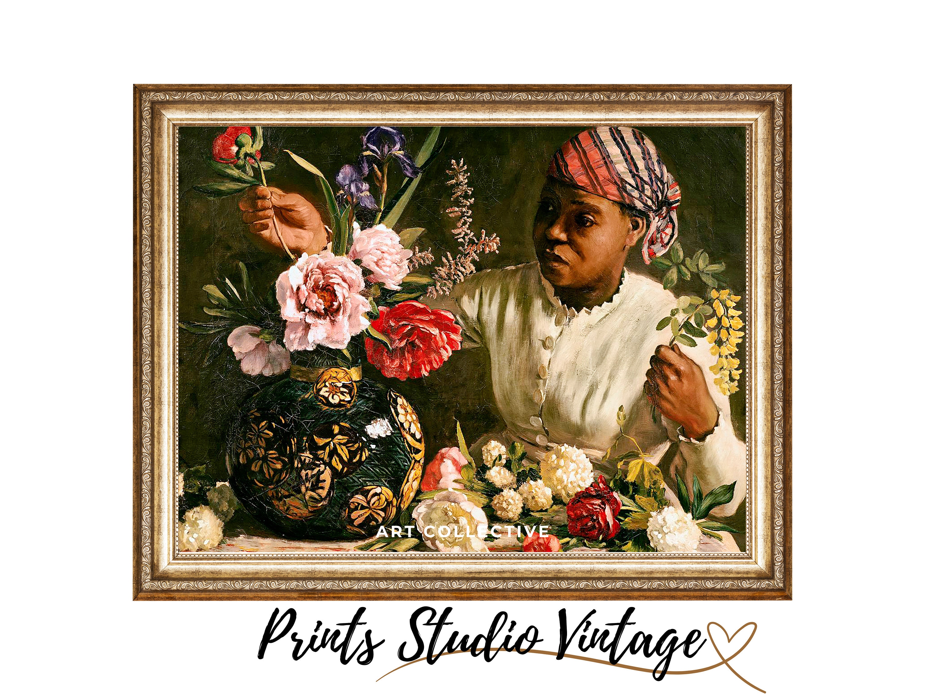 ヴィンテージの「牡丹を持つ黒人女性」の絵画、印象派のアートプリント