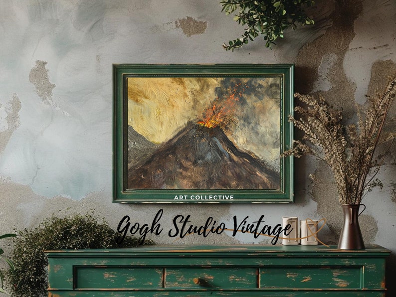 Vintage Erupting Volcano Oil Painting, Mountain Art Print (digital ...