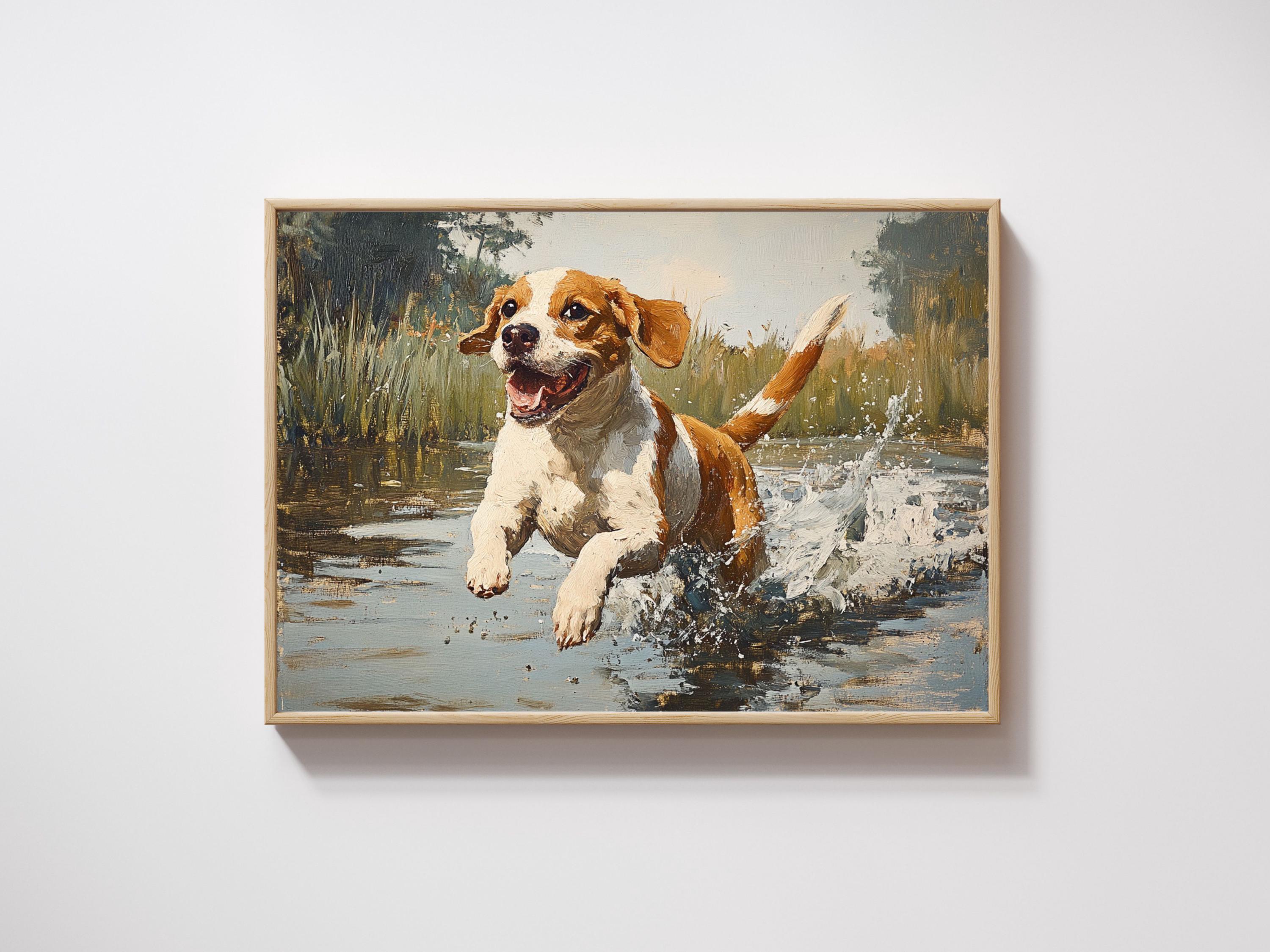 ヴィンテージ犬の油絵、コテージコアウォールアート（デジタルプリント