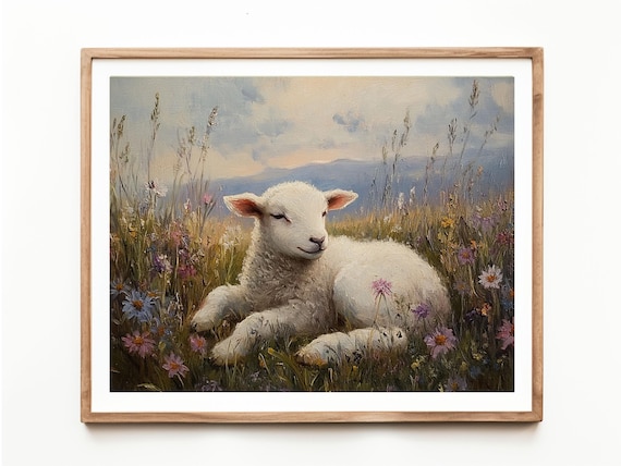 Lamb in Wildflower Meadow Vintage Oil Painting, Cottagecore Wall