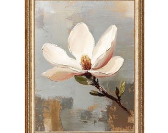Vintage White Magnolia Flower Oil Painting, Botanical Cottagecore Art (Digital Prints)
