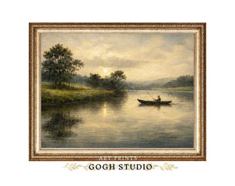 Vintage vissersolieverfschilderij, Lake House Art (digitale download)
