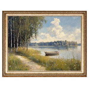 See und Boot Ölgemälde Birkenwald Landschaft Wandbild, Cottage Core Art, VINTAGE Malerei, druckbare Wandkunst, DIGITAL PRINTS