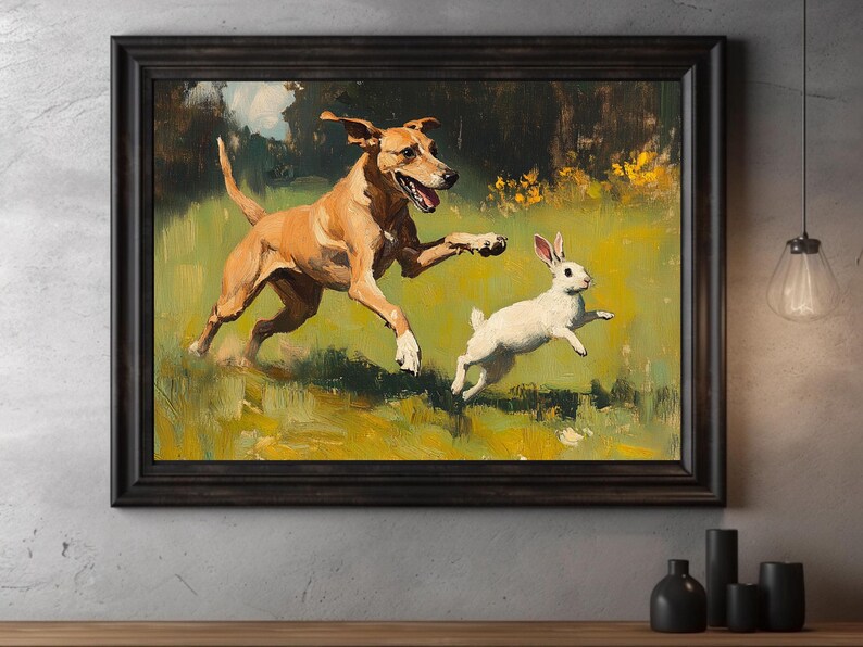 Dog Chasing Rabbit Drawing Printable Hunting Dog and Rabbit Oil Painting Farmhouse Wall Art ...