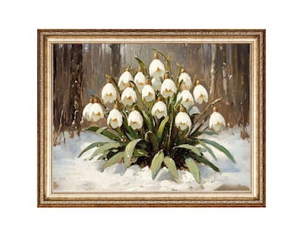 May include: A framed painting of a bouquet of white snowdrop flowers in a snowy forest setting.
