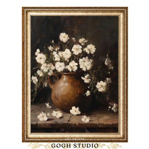 Vintage bloemenolieverfschilderij, rustieke witte bloemen in kleivaas (digitale print)