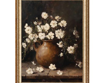 Vintage bloemenolieverfschilderij, rustieke witte bloemen in kleivaas (digitale print)