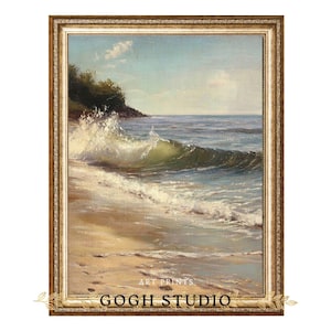 Ocean Waves Vintage Art Print, Seascape Painting Coastal Shoreline With Waves Crashing Wall Decor For Beach House Or Living Room