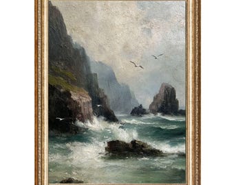 May include: An antique oil painting of a seascape with a gold ornate frame. The artwork depicts a rugged coastline with crashing waves, dark cliffs, and seagulls in a cloudy sky. The color palette includes shades of green, blue, gray, and brown.