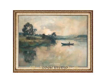 Fisherman in Boat on Lake Art, Fishing Wall ART PRINT Vintage Oil Painting, Aesthetic Canvas Wall Art Room Decor PRINTABLE Digital Download