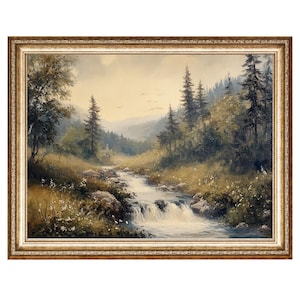 May include: A framed oil painting depicting a tranquil forest scene with a cascading waterfall flowing through a lush green valley. The painting features a variety of trees, including pines and deciduous trees, with a soft, muted colour palette.
