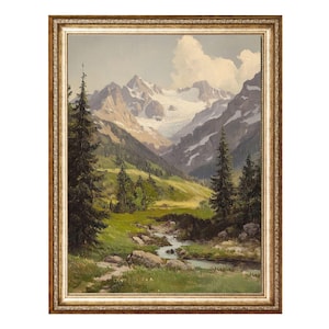 Alpine Landscape Mountain Valley Stream with Snowy Peaks and Pine Trees, VINTAGE Oil Painting, Cottagecore Wall Art, Digital Prints