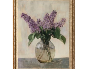 Vintage Lilac Bouquet Oil Painting, Cottagecore Still Life (Digital Prints)