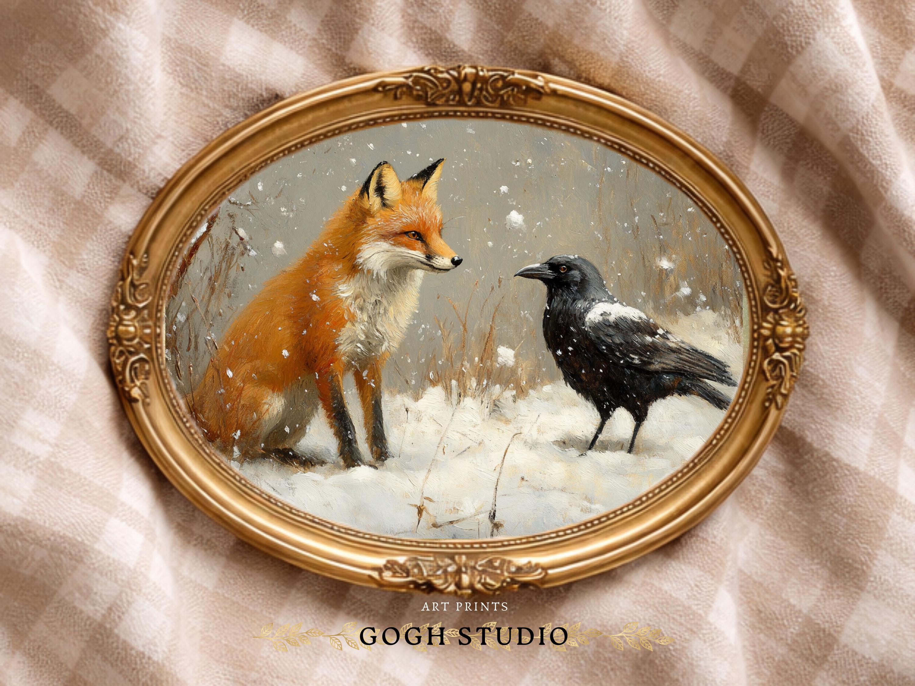 Fox and Crow Winter Wonderland Vintage Print, Cottagecore Gallery