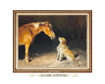 Horse and Dog Vintage Oil Painting, Equestrian Art Print (Digital Download)