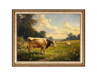 Vintage Cow Pasture Oil Painting, Rustic Farmhouse Landscape Art (Digital Prints)