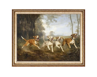 Oljemålning med vintage jakthundar, cottagecore-skog (digitala tryck)