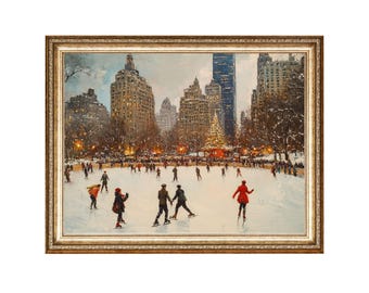 May include: A framed painting depicting a snowy scene in a city park. People are ice skating on a frozen pond in front of a tall building with a Christmas tree in the background.