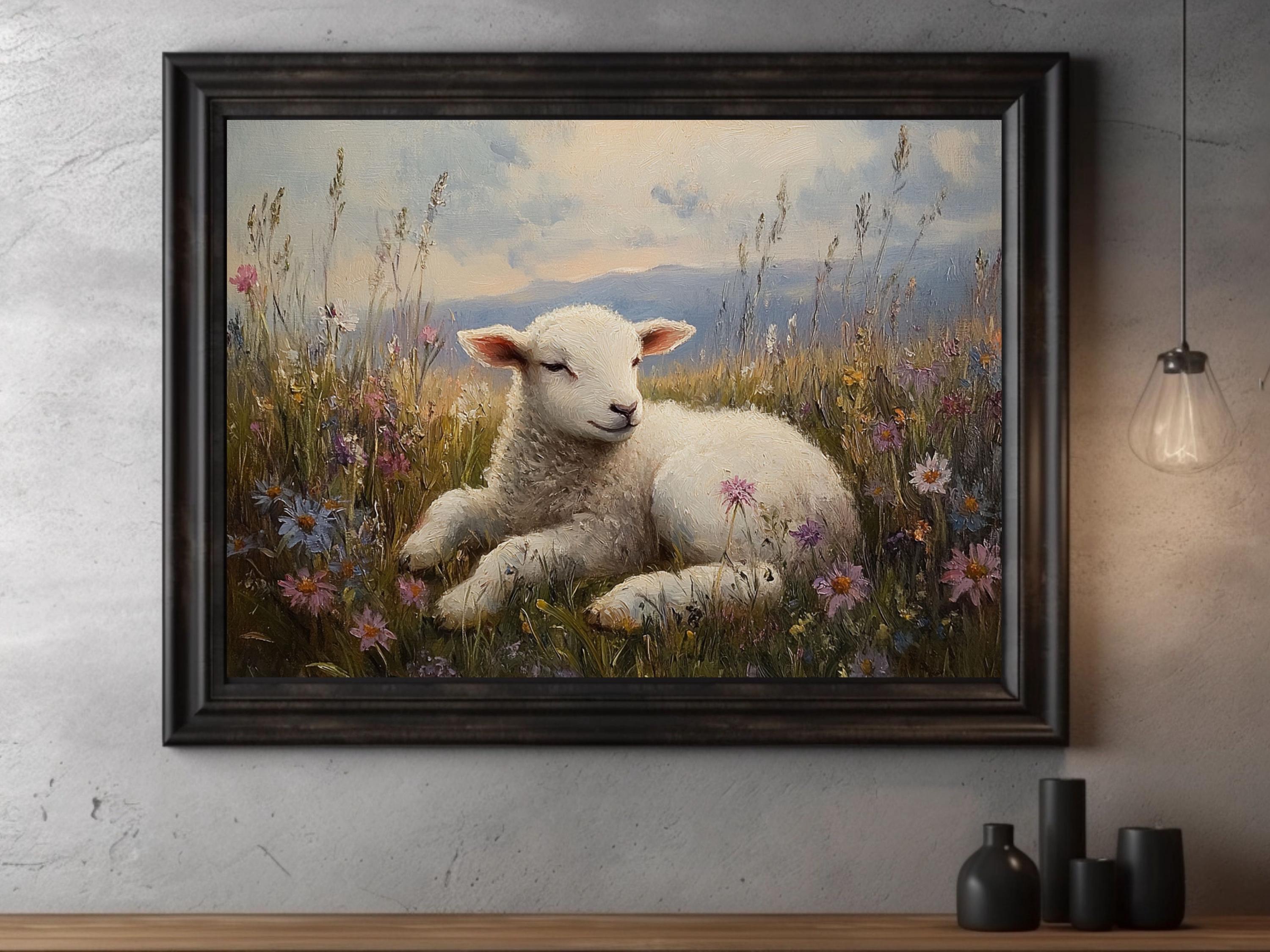 Lamb in Wildflower Meadow Vintage Oil Painting, Cottagecore Wall