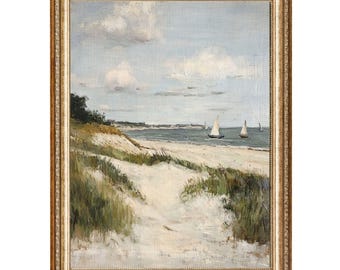 Sailboats On Beach Seaside Landscape VINTAGE Oil Painting, Cottagecore Wall Art, Printable Wall Art, Digital Prints