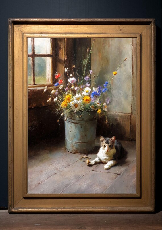 ヴィンテージ猫の油絵、窓辺の野花、コテージコアウォールアート