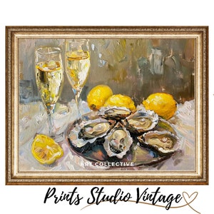 Oysters And Champagne - Food Art Seashell Painting - Oyster Painting Kitchen Wall Art - Still Life Painting Oyster Artwork