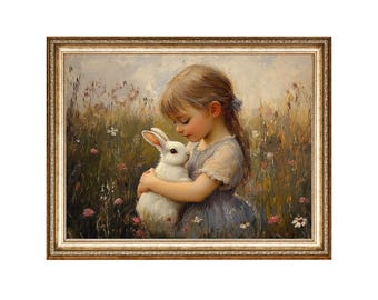 Girl with Bunny Oil Painting, Vintage Cottagecore Art (Digital Prints)