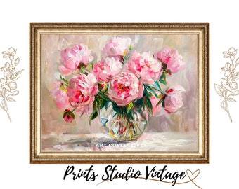 Roze pioenboeket olieverfschilderij, bloemen kunst aan de muur (digitale download)