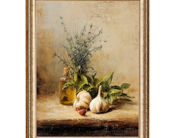 May include: A still life painting of a glass bottle filled with olive oil, two garlic bulbs, and a sprig of herbs on a wooden table. The painting is framed in a gold frame.