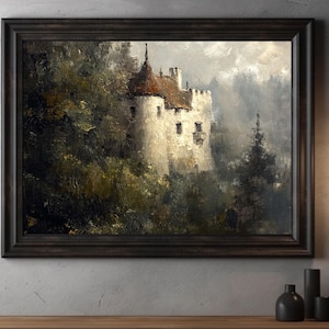 Op de afbeelding: Een schilderij van een wit kasteel met een rood dak, omringd door bomen en een mistige achtergrond. Het kasteel is gelegen tegen een achtergrond van weelderig groen en een mistige lucht.