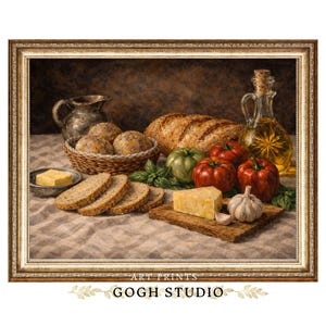 Vintage Bread Still Life Painting, Country Kitchen Wall Art (Digital Download)