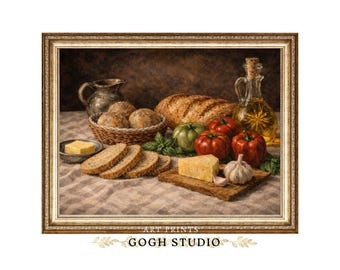 Vintage Bread Still Life Painting, Country Kitchen Wall Art (Digital Download)
