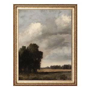Moody Cloudy Sky Over Quiet Meadow With Trees VINTAGE Oil Painting, Cottagecore Wall Art, Printable Wall Art, Digital Prints