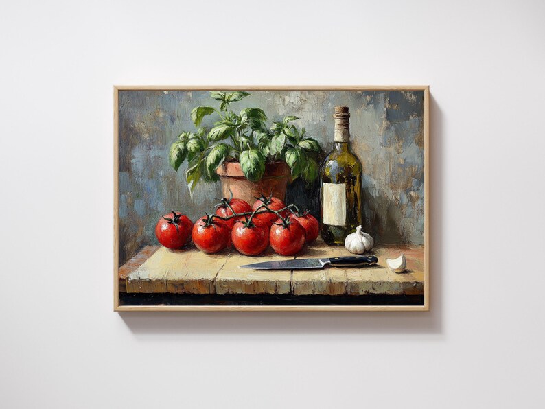Pode incluir: Uma pintura de natureza morta com uma t&aacute;bua de cortar de madeira com tomates vermelhos, uma faca, uma garrafa de vinho e um vaso de manjeric&atilde;o. O fundo &eacute; uma parede cinza texturizada.
