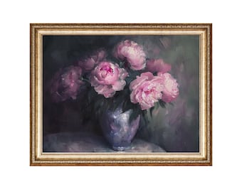 Dark Floral Print, Pink Peonies Vintage Bouquet (Digital Download)