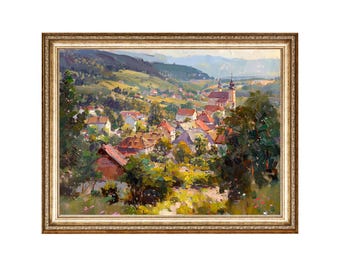 Vintage Village Mountain Oil Painting Art Print (Digital Download)