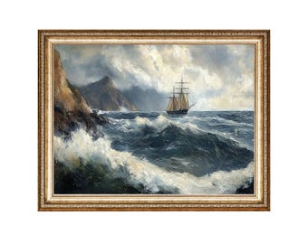 Vintage Ship Oil Painting Print, Stormy Sea Art (Digital Prints)