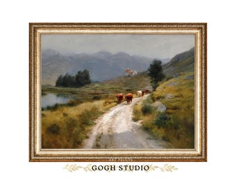 Cows and Cottage Vintage Landscape Art Print (Digital Download)